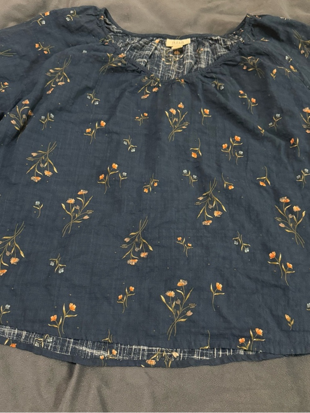 ANA Navy Floral Peasant Top with Orange Blossoms